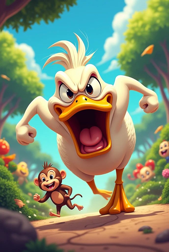 Angry duck chasing a monkey in cartoon