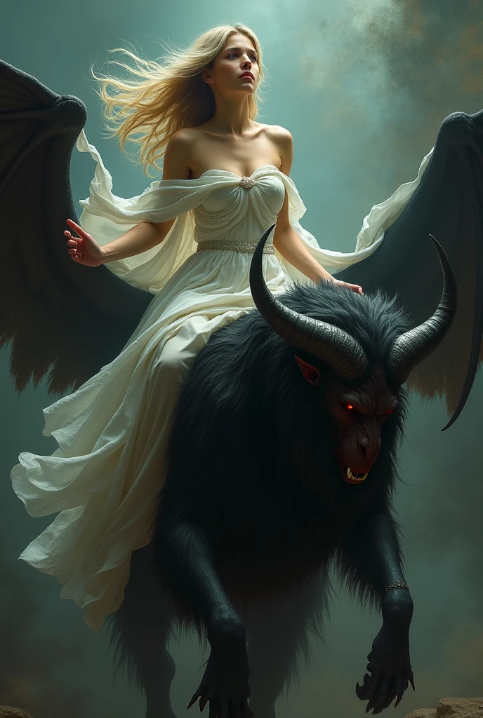 a young woman with an angelic face, flowing robes, and a serene expression, riding atop the dark figure of Satan, her hips swaying with a playful, sensual twist, ultra detailed, dramatic lighting, dark fantasy, mystical, chiaroscuro, rich color palette, ethereal