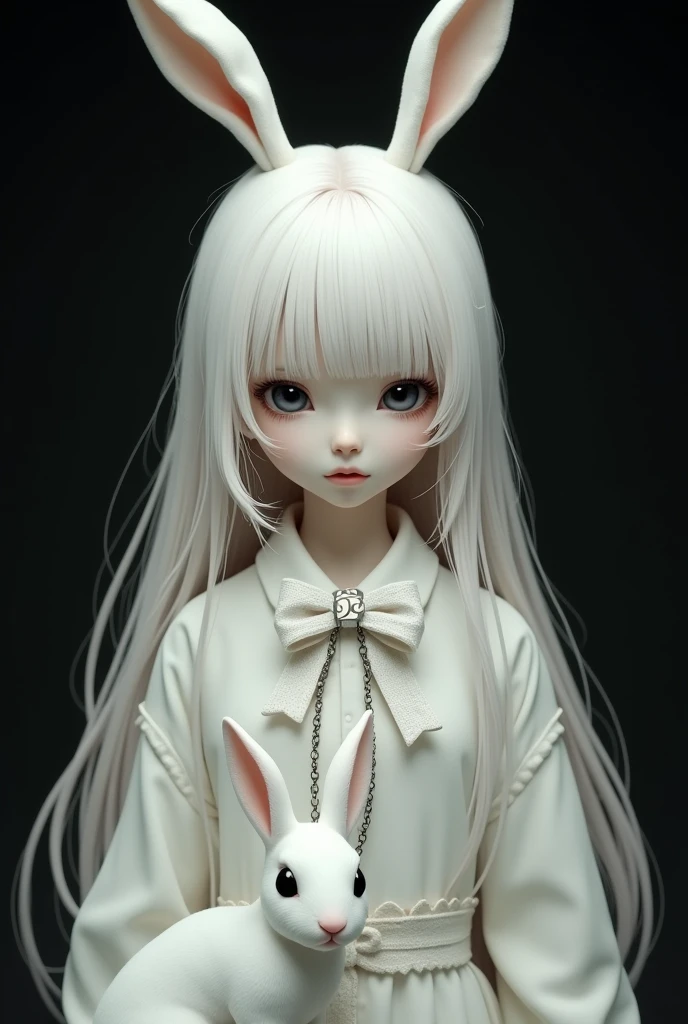 White female character with white hair and bangs and white bunny ears with a pink face with big, black, sad eyes and a thin mouth and white clothes down and a white bow with a chain with the initials of the letter A and a white rabbit with black eyes and a pink nose and the image has a black background

