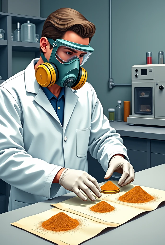 generates the image of a chemical laboratory worker with a white lab coat and a 3M respirator with dust and vapor filters, where you can see up close how it represents a mineral sample in powder form in four parts and how one part is placed inside a labeled envelope and in the background you should see a mineral sample crusher model Boyd RSD, This background display is mandatory