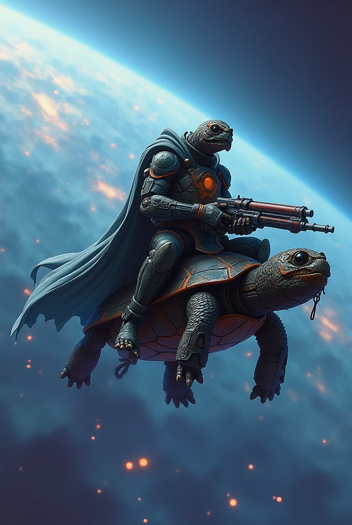 (photoanime1:2) A unknown anime space turtle rook , with a cape and armor a weapon custom to them which is almost makes them a mecha in space created from the big bang that is riding on a small turtle customised space craft