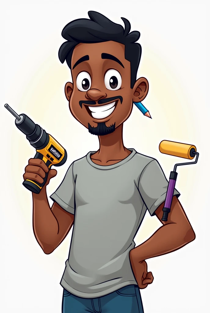 Dark-skinned man with goatee smiling neat black hair light gray t-shirt with a drill in his hand paint roller in his hand and blue pencil in his ear in cartoon