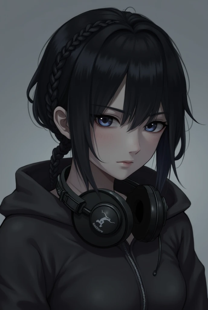  black short hair braid nago with coat headphones 