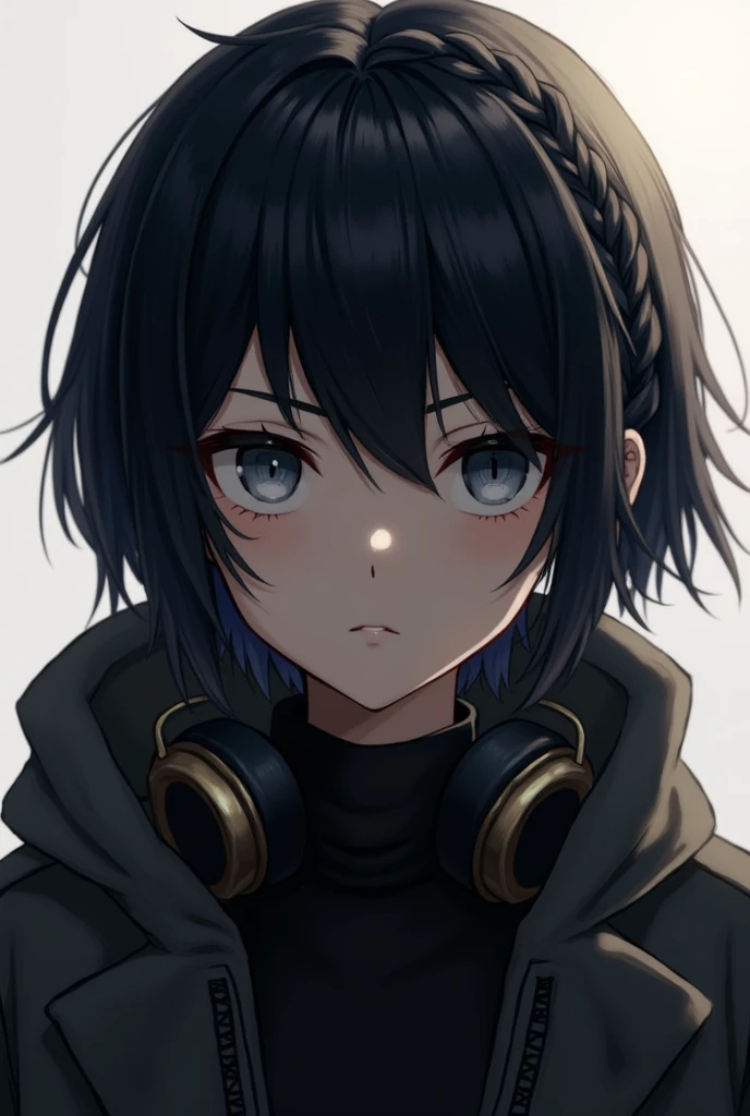 black short hair braid nago with coat headphones