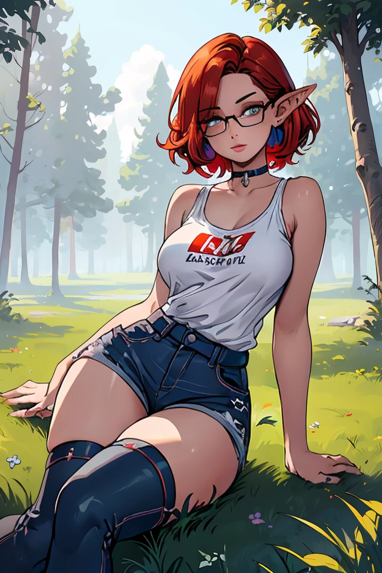 1girl, beautiful elf woman, ((Short Red Hair, Straight, has shine)) Blue eyes, double eyelids, light effect on eyes, detailed irises, beautiful curvy body, glasses, ((White tight tee shirt covering chest)), Sleeveless, Strapless, black choker, tiny blue denim mini shorts, black high heels, ((Work of art, hyper-realistic, hyper detailed, Best Quality, 16k, light and shadow on skin, vivid colors)), ((Sitting Leaning back on grassy field in forest)), ((Hands cupping )) Lustfulression, perfect lips, sexy maturece, l freckles all over body, full pouty lips, extreme blush, sensual smile, night time, moonlit sky, ((Front View))