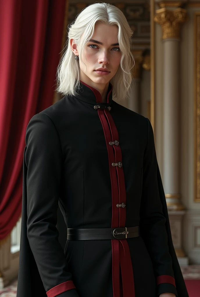 Beautiful young man with androgynous and delicate features, Shoulder-length platinum or silver blonde hair and slanted red eyes, White skin, high, hourglass body.
He wears black clothes with red details.
House of the dragon, Targaryen, Royals.