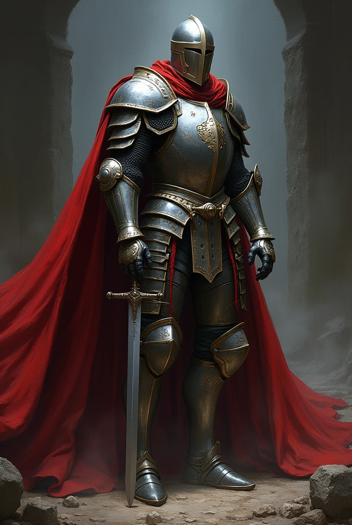 Knight with red cape holding a sword, dark fantasy style