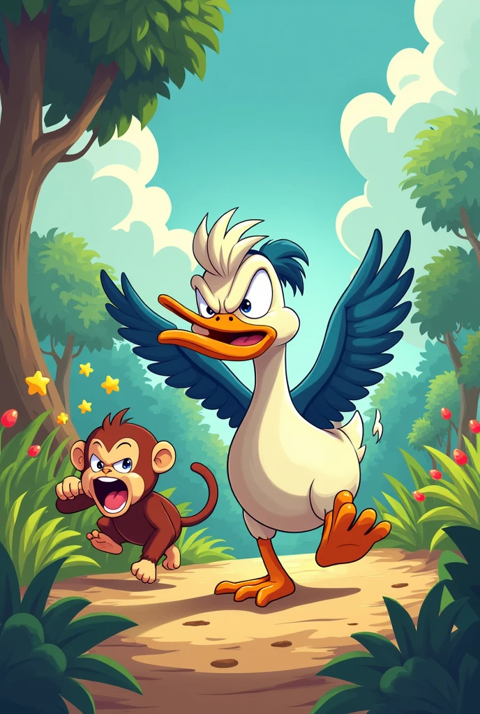 Angry duck chasing after scared monkey in cartoon