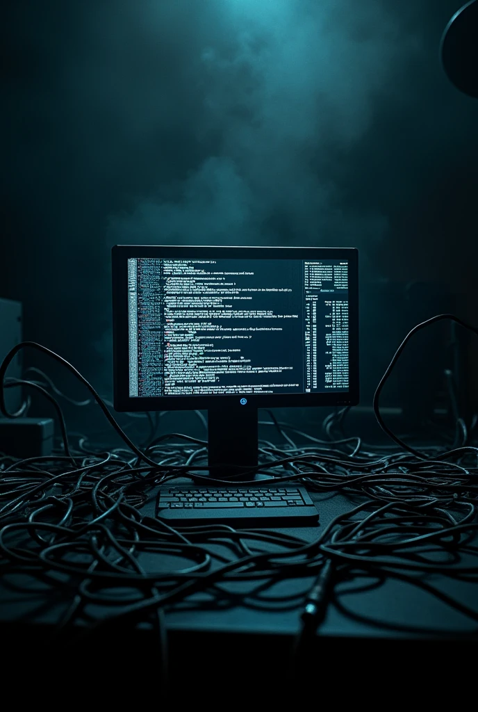 dark background with code like hacking and wires only screen no person added