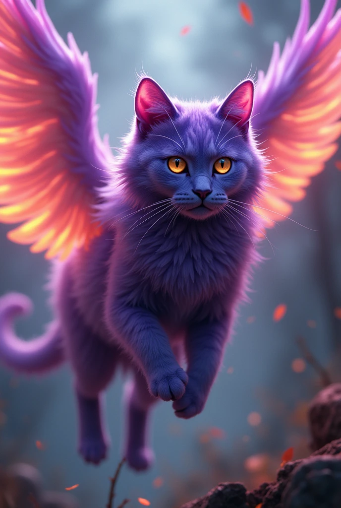 Purple cat with flaming pegasus wings in full flight but zoomed in close up