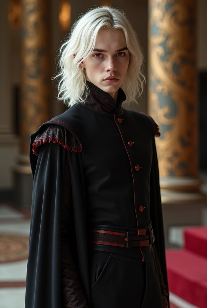 Beautiful young man with androgynous and delicate features, Shoulder-length platinum or silver blonde hair and slanted red eyes, White skin, high, hourglass body.
He wears black clothes with red details.
House of the dragon, Targaryen, Royals.