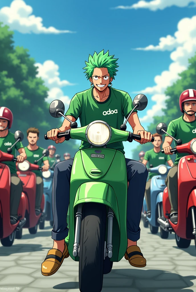 Anime One Piece Zoro is joining the moped motorcycle group , the color of the group's shirt is green , on the front of all the clothes there is the word Meluncurr , Adidas clothing brand , all bring moped motorbikes , everyone raises their right hands forward , palms open as if sliding forward , the front row carries a banner with the words SABAH MOTO DAY 7.0