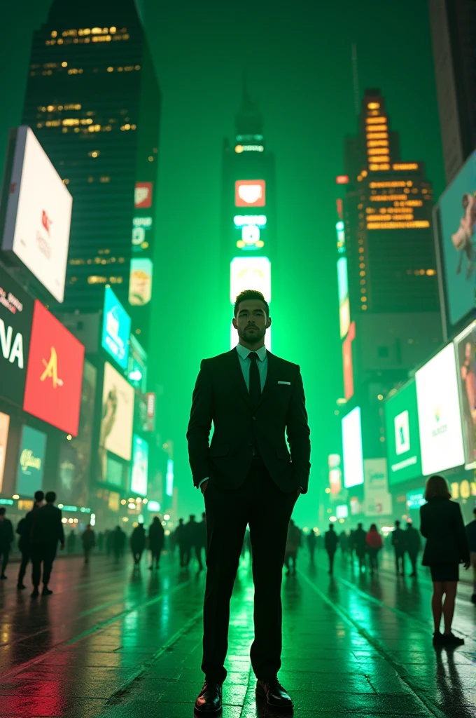 Man in Times Square with the green phosphorescent lights 