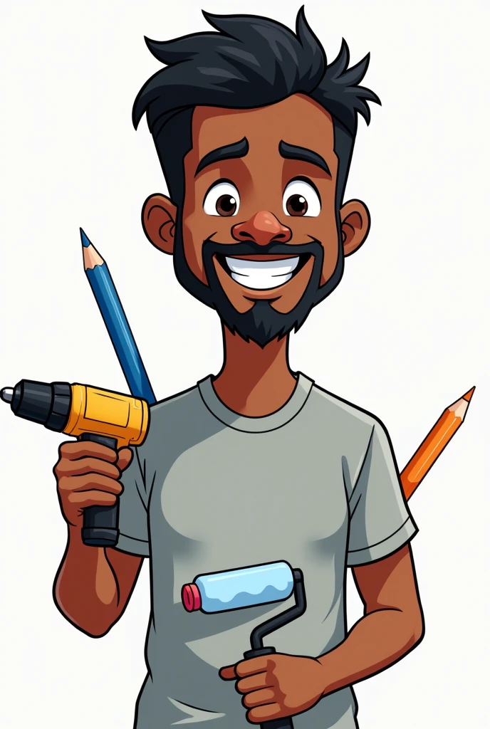 Dark-skinned man with goatee smiling neat black hair light gray t-shirt with a drill in his hand paint roller in his hand and blue pencil in his ear in cartoon
