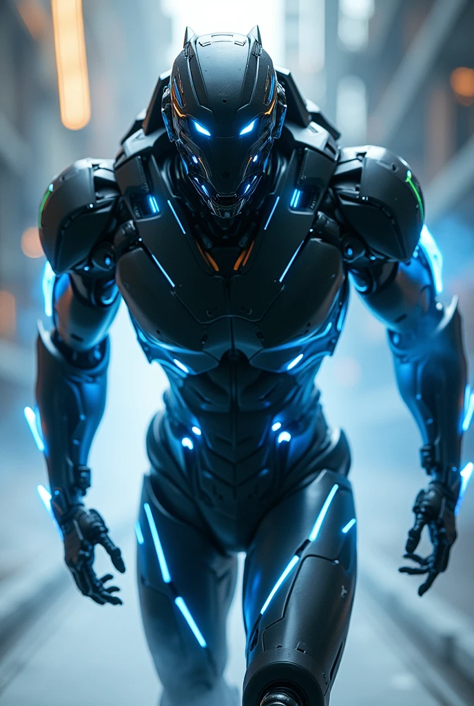 A black robot with a human like appearance and blue lights with super speed 
