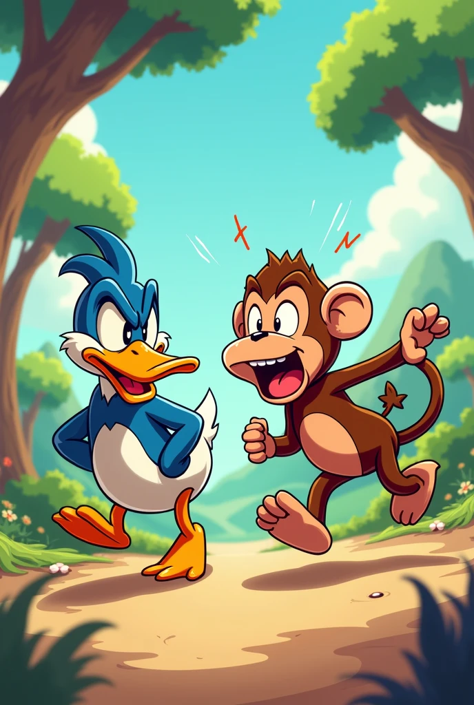 Angry duck chasing after scared monkey in cartoon