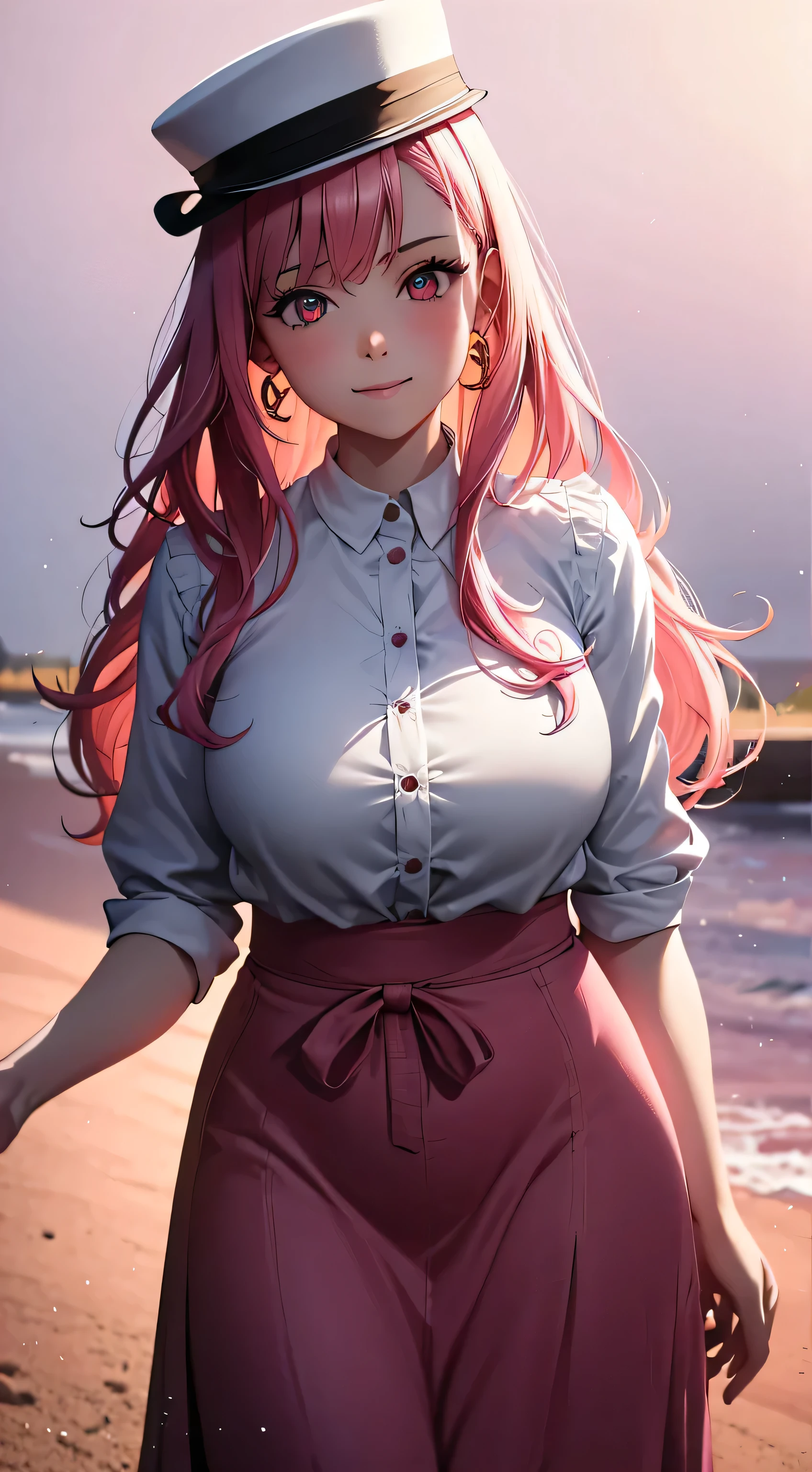 (Highest quality:1.5, High resolution, 超High resolution, 4K, Detailed lighting, Shaders), White Wavy Hair, Gradient Hair, Large Breasts, Pink Shirt, Pink Skirt Jeans, Mature Woman , Pink witcher hat, (throw), White Background, Colorful red eyeshadow, Dramatic lighting, Smiling expression, Gold earrings, Flowing Hair, Delicate facial features, Soft Skin, high cheekbones, White Background, stand up, Lean forward, whole body