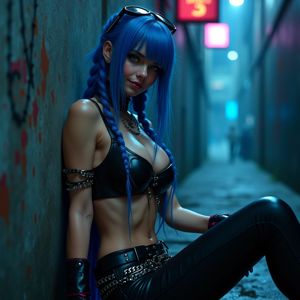 Best Quality, Cute jinxed girl with blue hair, (blue hair super long braided tail), (hair over one eye), (alley background), low light, Very dark eyeliner, jinxlol, Nice smile, beautiful face , Lovely, cyber punk, way there, , young man looking, hyper detailed face, detailed skin, dark heavy eyeliner, (huge oversized breast), Leather top with metal eyelets and ropes, ((tight leather pants, dirty and worn)), LowriseXL, ((belt bra)), ((lean against the wall)), (((three bullet belts))), (((three studded belts))), exposed abdomen, ((navel piercing)), ((navel piercing)), (thigh belt), Leather gloves with free fingers and nails painted blue and fuchsia, ((many hip chains)), ((rock hard abs)), put weight on one leg, Perfect blue eyes, muddy skin, wet skin, oily skin, ((sit with legs open and knees bent)), photorealism