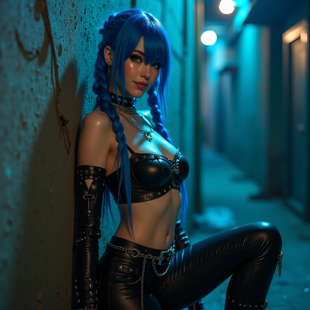 Best Quality, Cute jinxed girl with blue hair, (blue hair super long braided tail), (hair over one eye), (alley background), low light, Very dark eyeliner, jinxlol, Nice smile, beautiful face , Lovely, cyber punk, way there, , young man looking, hyper detailed face, detailed skin, dark heavy eyeliner, (huge oversized breast), Leather top with metal eyelets and ropes, ((tight leather pants, dirty and worn)), LowriseXL, ((belt bra)), ((lean against the wall)), (((three bullet belts))), (((three studded belts))), exposed abdomen, ((navel piercing)), ((navel piercing)), (thigh belt), Leather gloves with free fingers and nails painted blue and fuchsia, ((many hip chains)), ((rock hard abs)), put weight on one leg, Perfect blue eyes, muddy skin, wet skin, oily skin, ((sit with legs open and knees bent)), photorealism