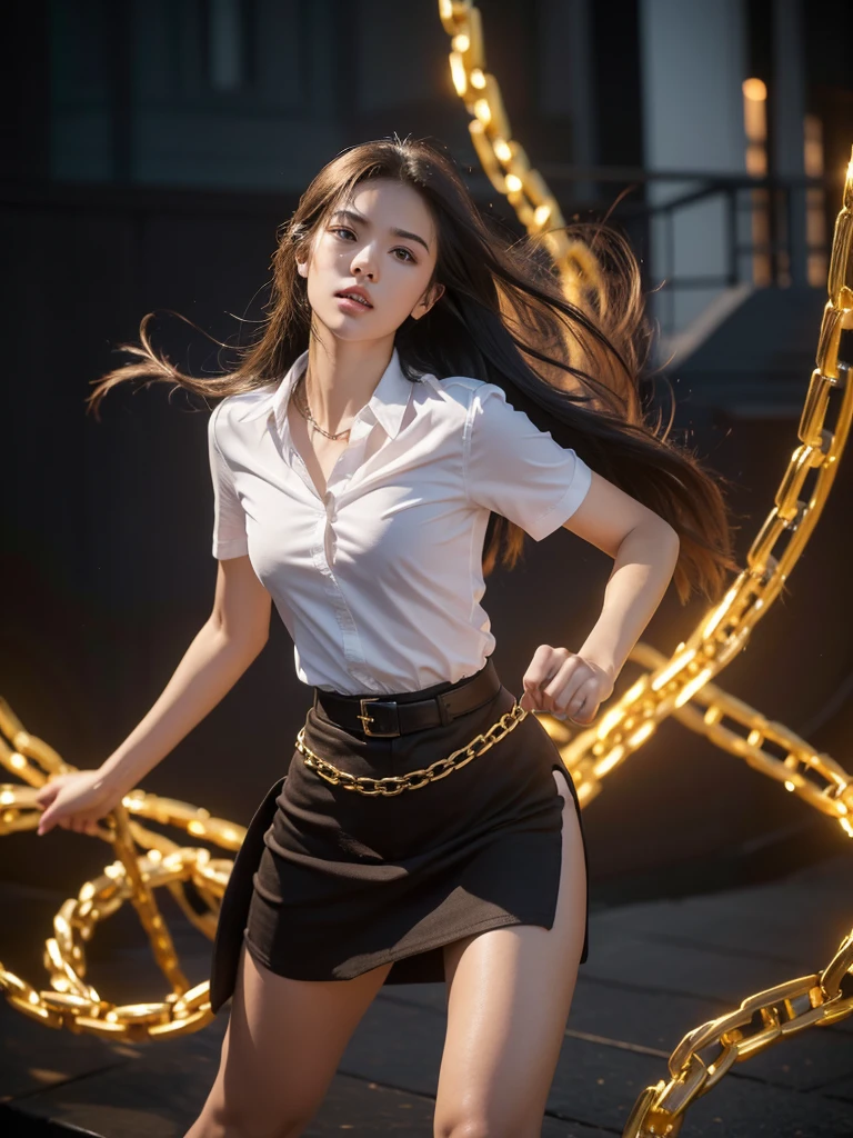 1 girl, thai university uniform, chains end with sharp spike:1.4, hyper-realistic, control chains, nebula chain, fantasy, white short-sleeve button up shirt:1.2, black tight torn mini skirt:1.2, brown suede belt:1.4, metal shirt buttons:1.2, white sneakers:1.2, black long messy hair:1.2, upper body shot:1.2, masterpiece, best quality, high resolution, 16k, high detailed, face detailed, cinematic lighting, dynamic fighting pose:1.4, long exposure, slim and perfect figure, perfect body proportion, unreal 5, golden chains wrap around hand and arm:1.4, fighter using chains as weapon:1.4, golden-aura:1.4, fighting stance:1.4, in dungeon