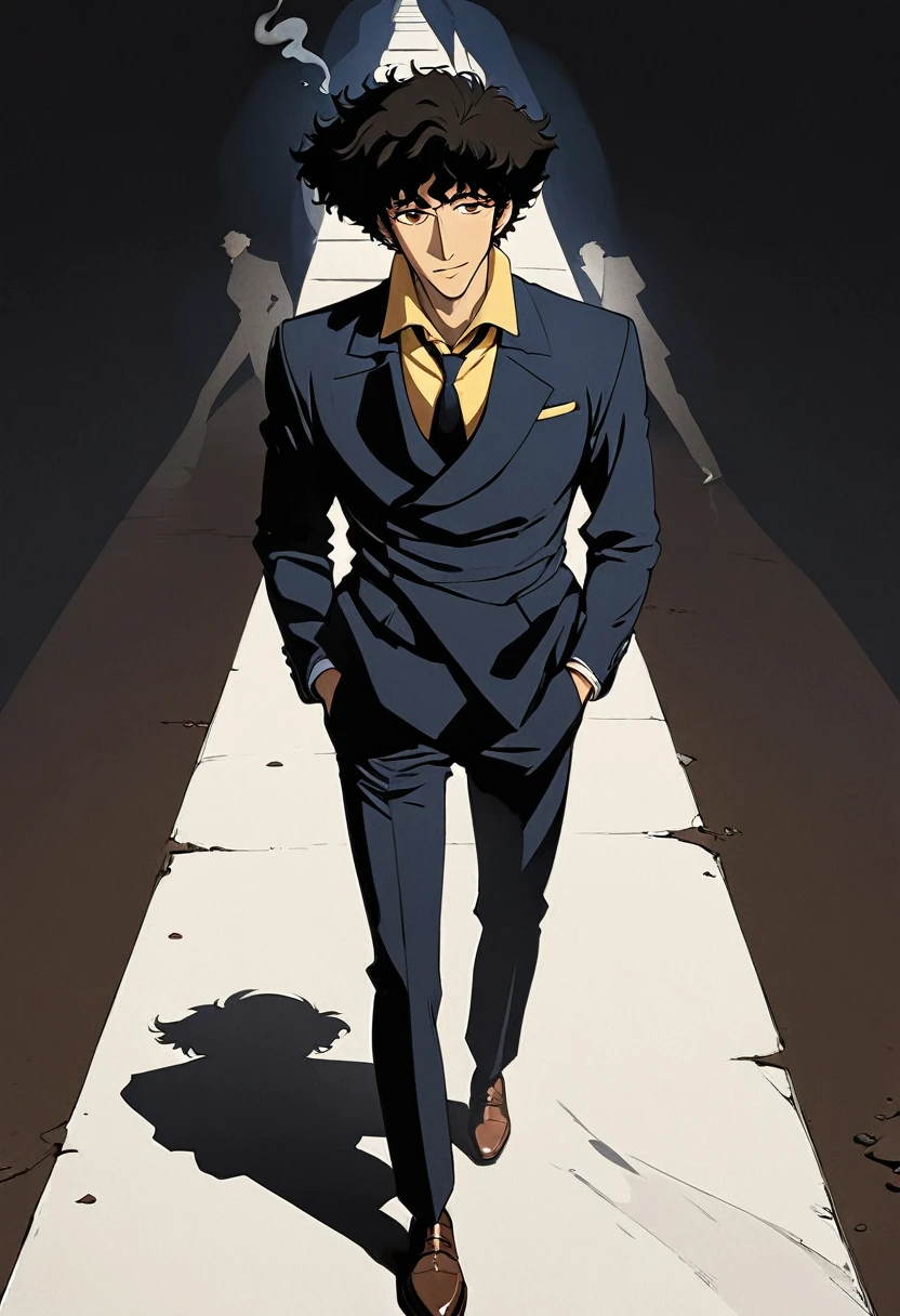 Anime style posters,A man walks around smoking a cigarette against a white background.One man Spike Spiegel,brown eyes, smile,black hair,1boy,Navy blue suit, brown leather shoes,Draw half of the man's body in black shadow.The man has a cool face,Many shadows of men are left in the path of the man,Full-body view, Side shot,