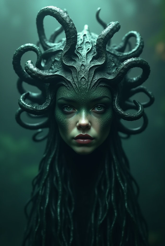 a female lovecraftian monstrous divine entity, beautiful detailed eyes, beautiful detailed lips, extremely detailed face and features, long flowing hair, intricate tentacles, glowing ethereal aura, ancient cosmic horror, dark fantasy, cinematic lighting, dramatic shadows, muted color palette, photorealistic, 8k, best quality, masterpiece