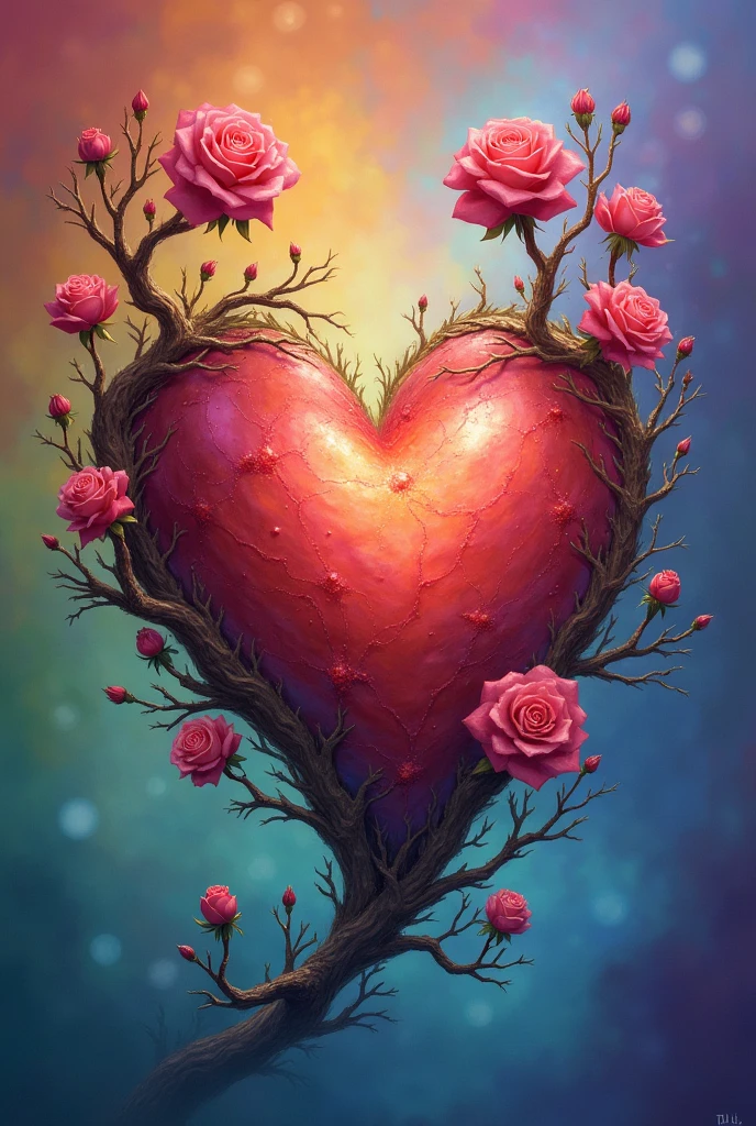 A heart with a sea of rainbows that has roses and branches coming out of the heart 