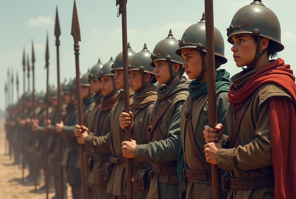 A visual depiction of the lowest-ranking soldiers in the Iron Talon mercenary band line up for battle. These new members are mostly young, fresh recruits who have recently joined the group. They are shown wearing light or no armor, with a mix of tattered clothing and rudimentary protective gear like leather vests or simple helmets. Their weapons are low-quality—rusty swords, basic spears, and crude daggers, reflecting their status and inexperience. The soldiers have a weary, determined look, knowing their tasks often involve high-risk missions or being the first wave of attack. 