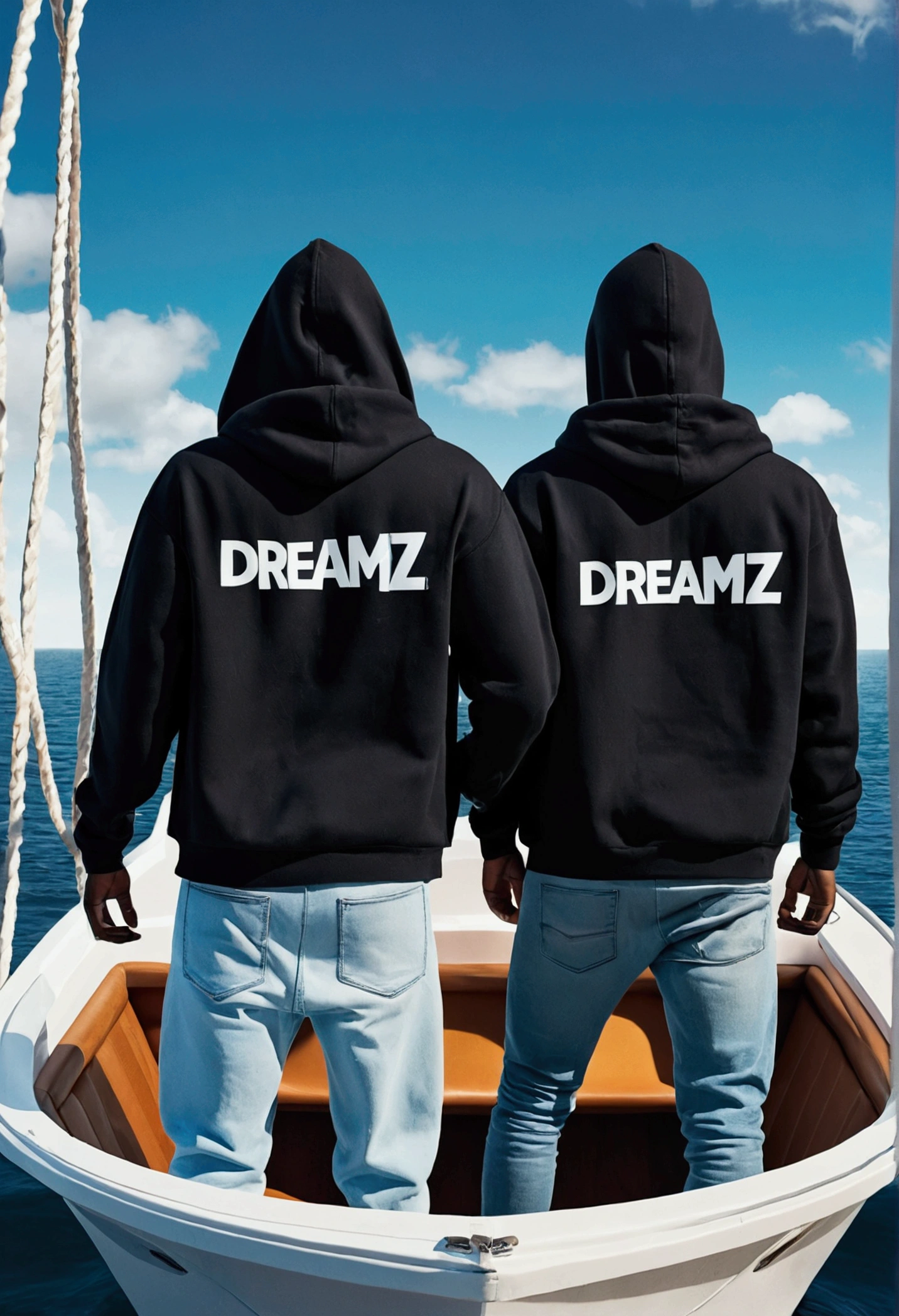 Two hooded black men seen from behind in a futuristic boat wearing jeans, sneakers and sweatshirts with the word "DREAMZ" written on them