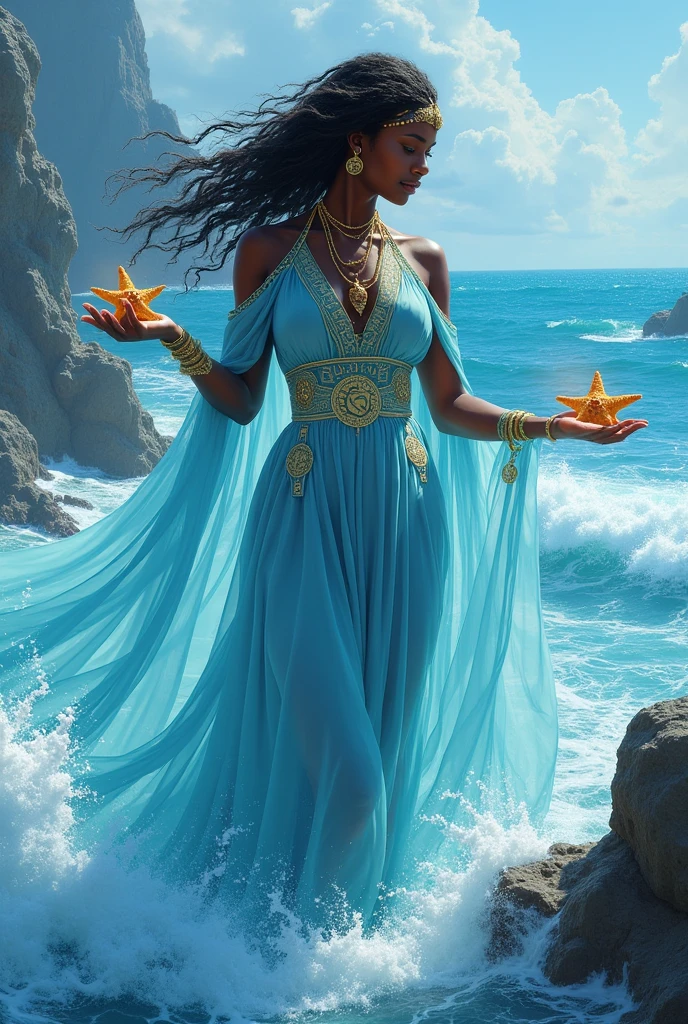 Black female Orisha in light blue dress with a starfish in her hands amidst the ocean waves