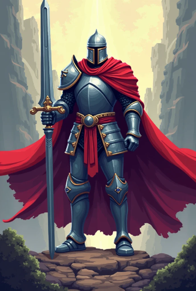 Knight holding a sword with a red cape in pixels