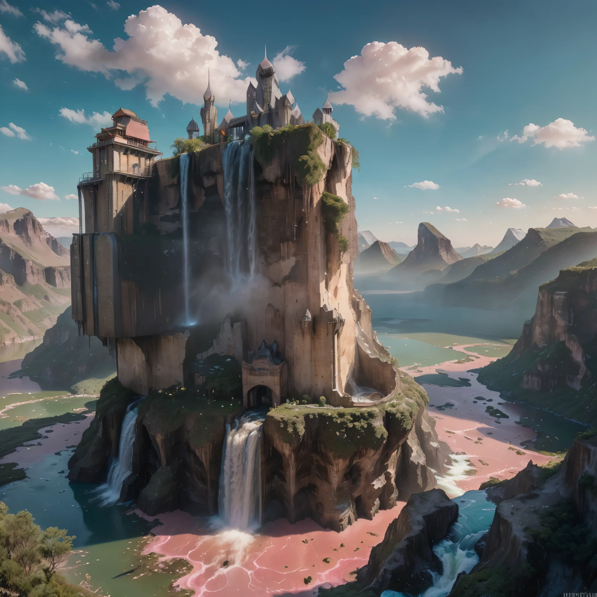 extremely high-resolution details, photographic, realism pushed to extreme, incredibly lifelike, highest quality, masterpiece, (unRealistic, photoRealistic), Dreamy and imaginary landscapes , epic scenes,very bright day , (((((Fantasy, Unsurreal landscapes, Super detailed, Flying futuristic steel Castles , Floating Islands in the Sky))))) , Intense lightning, ,very huge waves in the Lake,the sky reflected on the lake surface, Reflections , (((roses and orchids gardens , bright day light, pink and blue clouds, waterfalls in the sky, realistic style))), Hyperrealistic drawing , burning futuristic skyscrapers, ,timeless realms, very huge crazy waves with silver surface reflections, sharp focus, (close-up), (bright tones ), (deep blue tone),((( realistic, Hyperrealism, vivid colours , landscapes , alien nature , ((science fiction themes)), ((mountains and abyss)) , ((water resources and waterfalls)) , brilliant images , dramatic, highly detailed