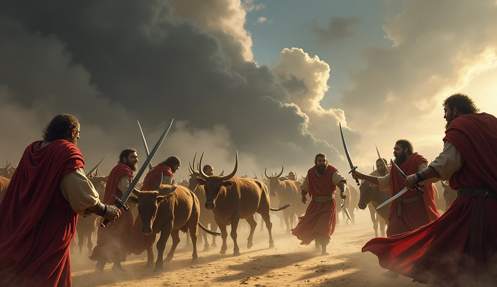 "Create a dramatic scene where the Sabeans are attacking the servants of Job. The image should depict chaos and violence, with the Sabeans wielding swords and attacking the servants in a desert-like landscape. Some servants are shown fleeing in panic, while others are being struck down. In the background, you can see oxen and donkeys being driven away by the attackers. The atmosphere should be tense, with dark clouds gathering, symbolizing the impending doom. One servant, visibly shaken, escapes the carnage to deliver the news to Job."