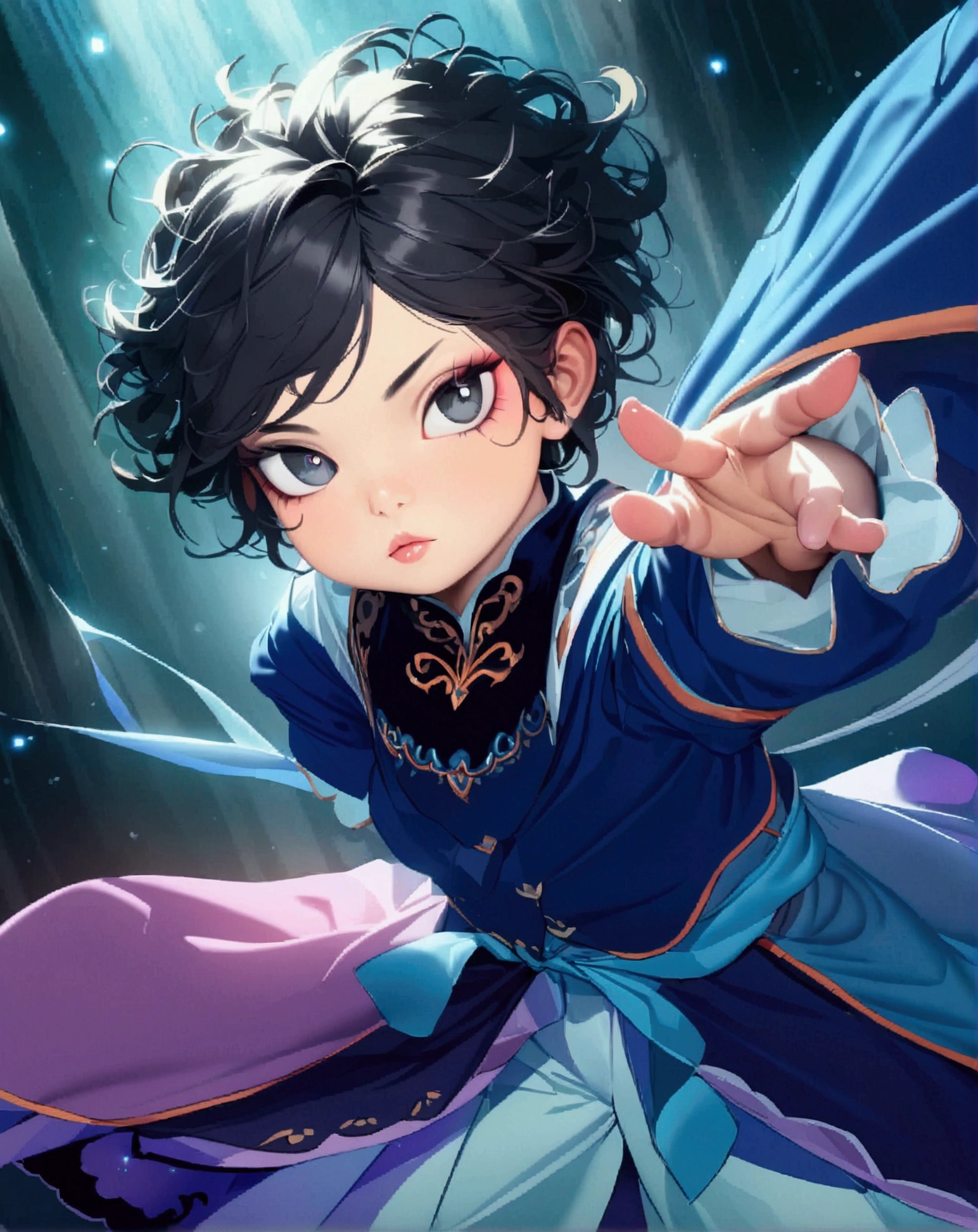 a boy with black hair with pink ends, black eyes, whole body image, digital art, highly detailed, 8k, photorealistic, cinematic lighting, dramatic pose, moody atmosphere, vibrant colors, sharp focus, porcelain skin, beautiful detailed eyes, beautiful detailed lips, extremely detailed face, long eyelashes, dark and edgy, sophisticated, cute expression, dynamic composition