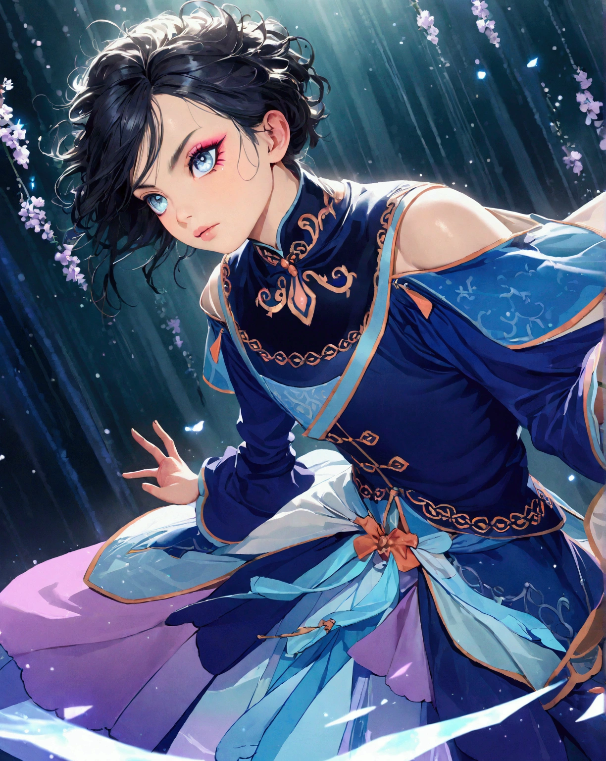 a boy with black hair with pink ends, black eyes, whole body image, digital art, highly detailed, 8k, photorealistic, cinematic lighting, dramatic pose, moody atmosphere, vibrant colors, sharp focus, porcelain skin, beautiful detailed eyes, beautiful detailed lips, extremely detailed face, long eyelashes, dark and edgy, sophisticated, cute expression, dynamic composition