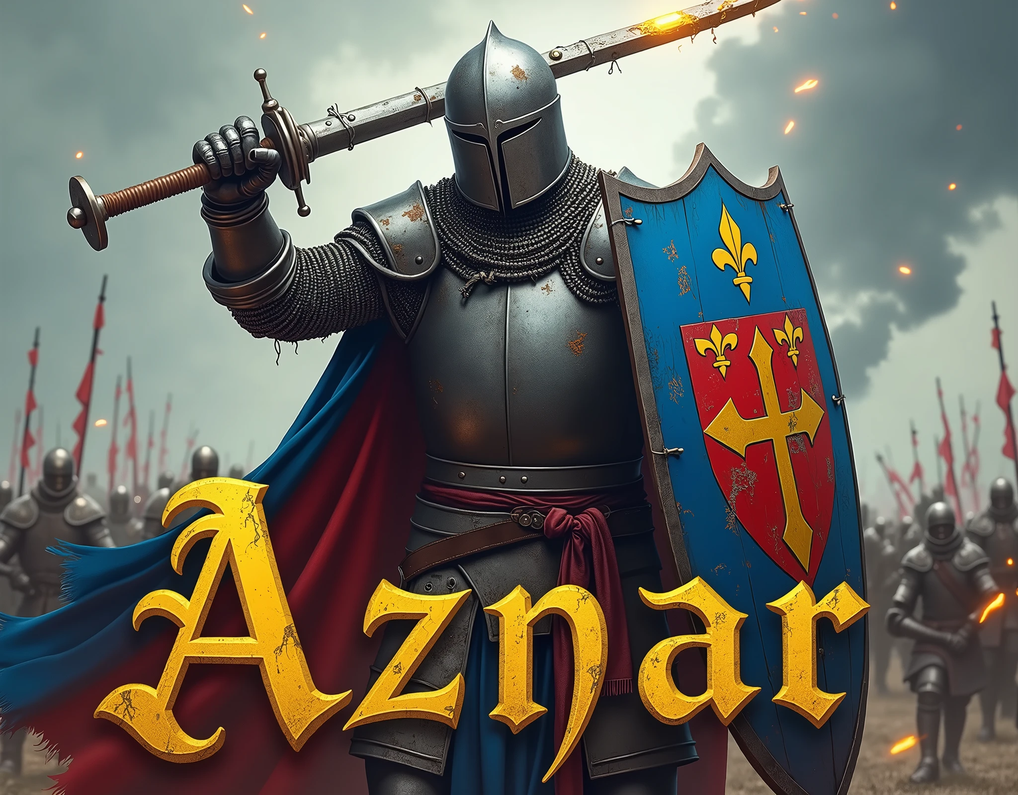 A poster depicting a man, brandishing a one-handed mace, and carrying a large blue and red shield with coat of arms thin vertical yellow sword painted upwards with 2lily flowers, (mouth sewn with wire), damaged by fighting. medieval battered chain mail, helmet, gloves, very battle-damaged, blue and red coat of arms. He has white skin. He's on a battlefield, thunder, with the words "Aznar" written in large golden letters in the foreground.
