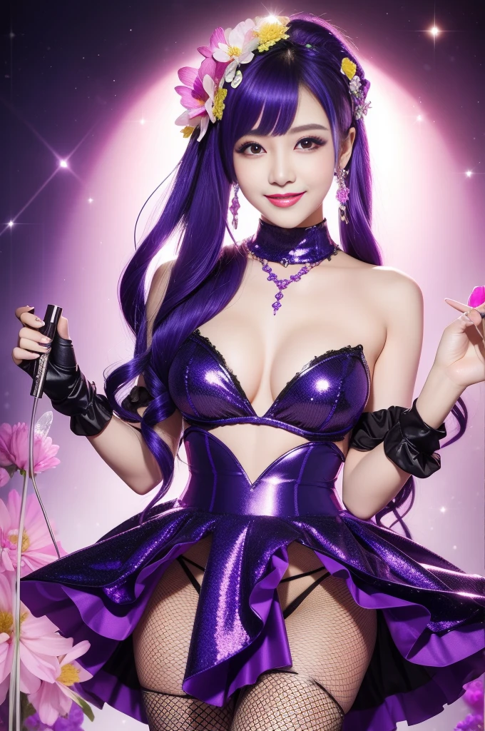 beautiful sexy model who controls poison、beautiful smile、lipgloss、long lashes、intense makeup、look at the camera、full body Esbian、、sparkling poisoned flower costume、、、、shiny sparkling multicolor hair、secrete poison、skull hair accessories、fishnet tights、shiny sparkling flowers background