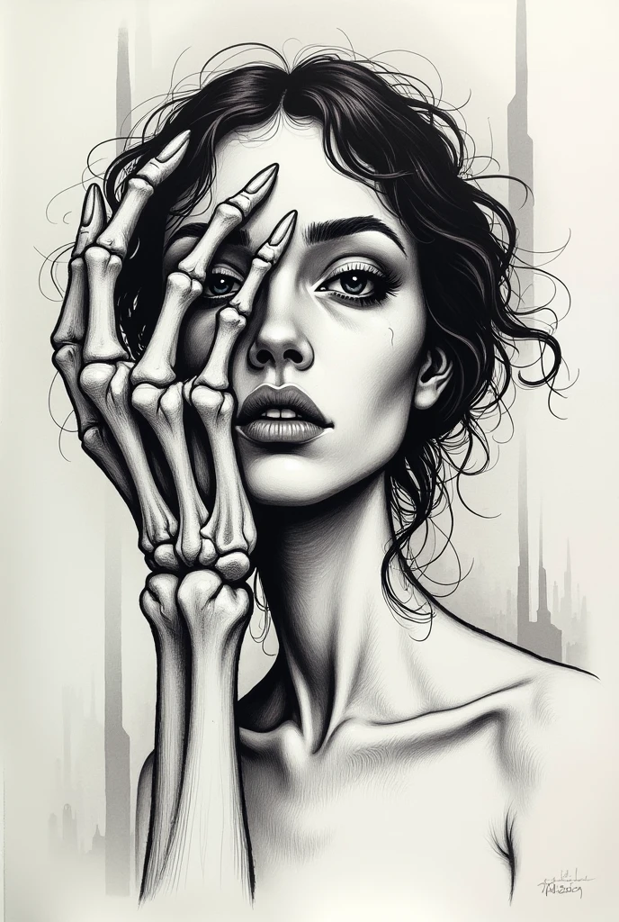 Woman with hand of bones over her face surreal pen drawing 
