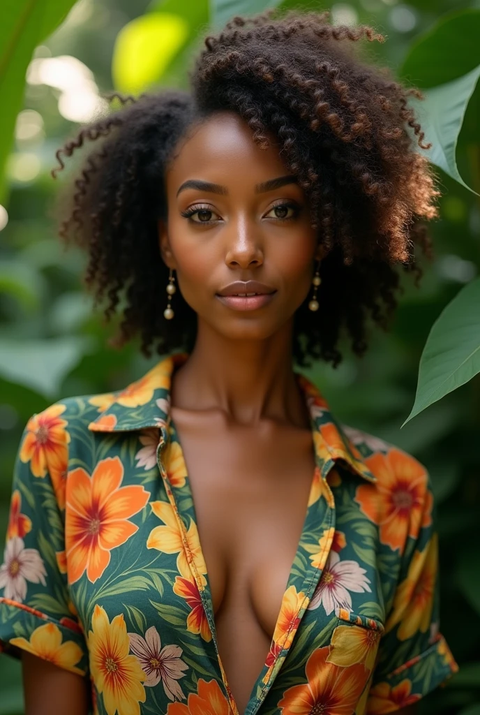 A Brazilian woman in a lush tropical garden, wearing an open shirt with a floral print, with a close-up capturing the harmonious beauty between her breasts and the natural flowers, showing off your natural charm and outgoing personality.