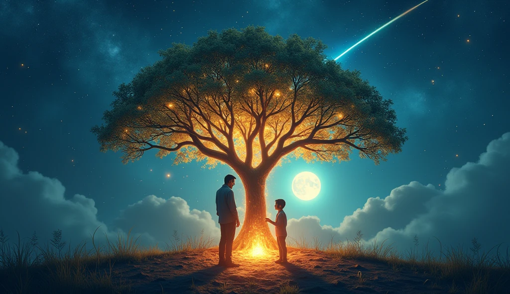 ultra realistic image of a Family Tree with Luminous Roots and fruits of light, connected to a light source deep in the ground, symbolizing the strength of the father that comes from the roots and spreads throughout the tree. image of the father next to the trunk much larger than the son and blessing this son who is in front of him, stars in the sky, shooting star and a bright full moon