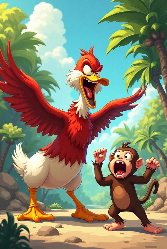 Angry duck beating up a scared monkey in cartoon