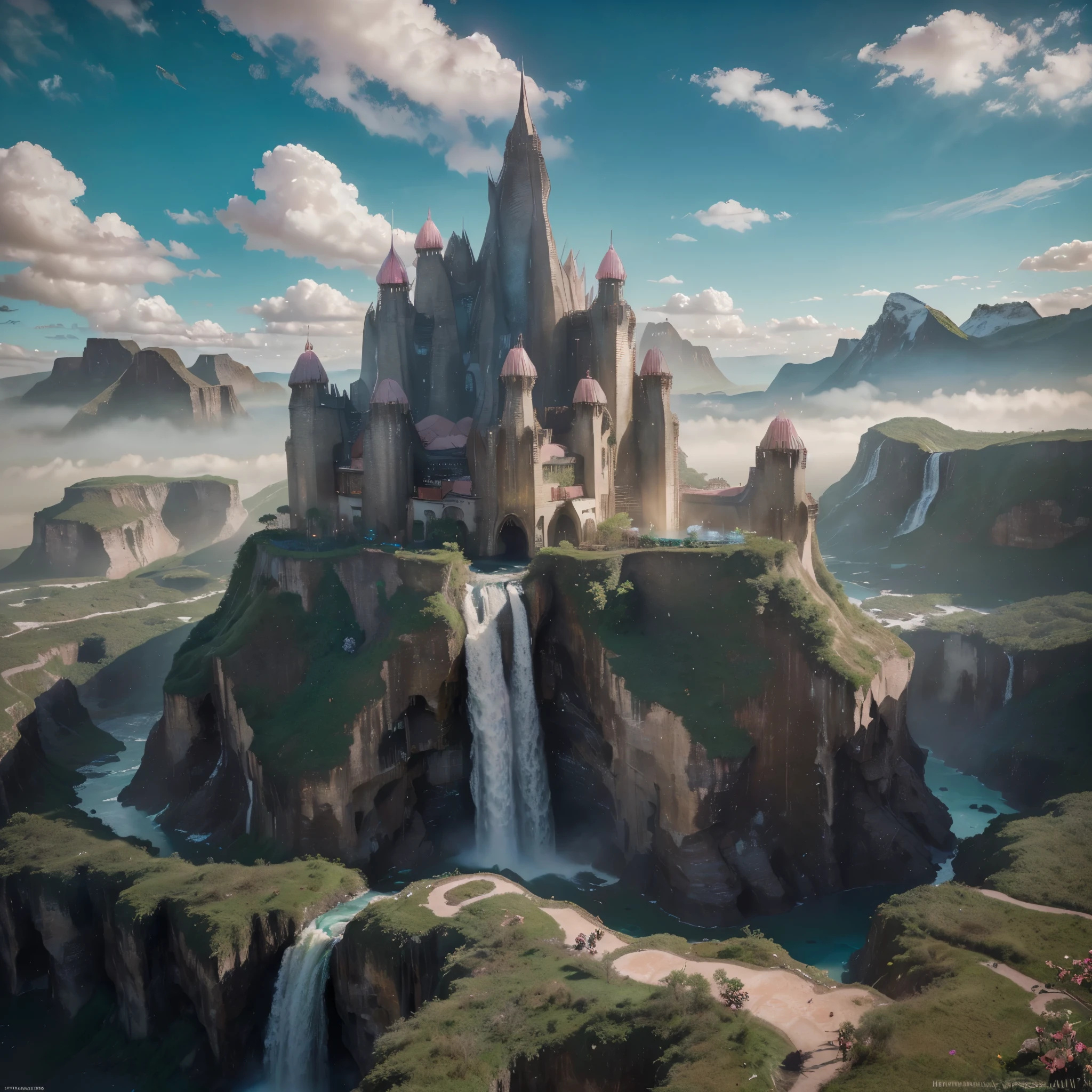 extremely high-resolution details, photographic, realism pushed to extreme, incredibly lifelike, highest quality, masterpiece, (unRealistic, photoRealistic), Dreamy and imaginary landscapes , epic scenes,very bright day , (((((Fantasy, Unsurreal landscapes, Super detailed, Flying futuristic steel Castles , Floating Islands in the Sky))))) , Intense lightning, ,very huge waves in the Lake,the sky reflected on the lake surface, Reflections , (((roses and orchids gardens , bright day light, pink and blue clouds, waterfalls in the sky, realistic style))), Hyperrealistic drawing , burning futuristic skyscrapers, ,timeless realms, very huge crazy waves with silver surface reflections, sharp focus, (close-up), (bright tones ), (deep blue tone),((( realistic, Hyperrealism, vivid colours , landscapes , alien nature , ((science fiction themes)), ((mountains and abyss)) , ((water resources and waterfalls)) , brilliant images , dramatic, highly detailed