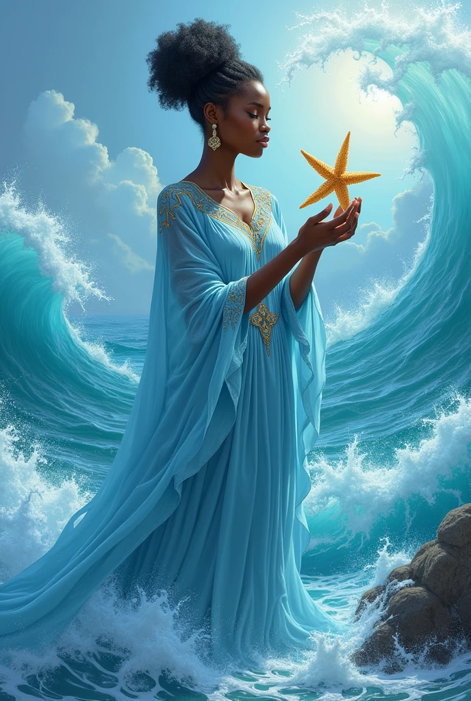 Black female Orisha in light blue dress with a starfish in her hands amidst the ocean waves