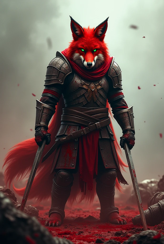 A red fox in armor, covered in blood, with green eyes stands on a field where there are many corpses, with two swords in his hands, a calm 