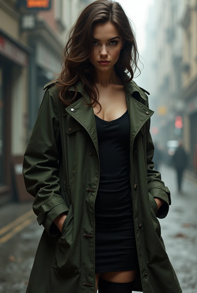 A woman named Gretha, height 1,67 brown hair dark brown eyes an athletic and attractive body. Gretha, is a former military man who currently works as a hacker and detective. Gretha has a reserved and somewhat cold personality.,and a sense of psychopathy, depending on the intimacy with the person, She has many contacts although Gretha's family has simply forgotten about her, She never forgot about her family and helps her family with possible threats or low income. And he has an addiction to smoking cigarettes. Wearing a tight black dress with a classic raincoat