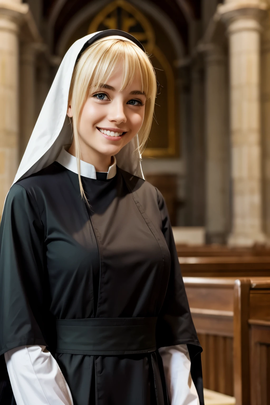 Lovely Italian girl、Blonde Hair、With bangs、Green Eyes、Smiling with teeth showing、Slim body、Monastic uniform、Nuns、Standing in the church