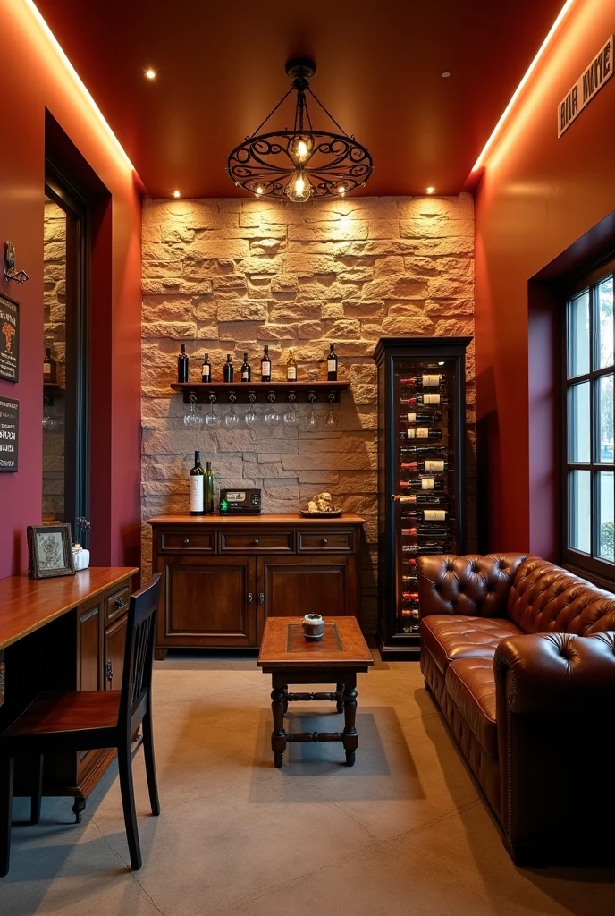 Room with a natural moledo stone back wall and all the other walls in marsala red with bar signs on them and with warm LED strip light on the ceiling and wall illuminating the stone wall. On the back wall there is a wooden sideboard and next to it there is a small wine cellar and next to the wine cellar there is a 1,36 tall in marsala red with glasses inside. And there are 12 hooks on the stone wall displaying wines. It has a glass window and a wooden office desk on the left wall., a brown leather sofa on the right wall and a small vintage coffee table in the middle of the room. On the ceiling there is a small industrial chandelier with warm light.