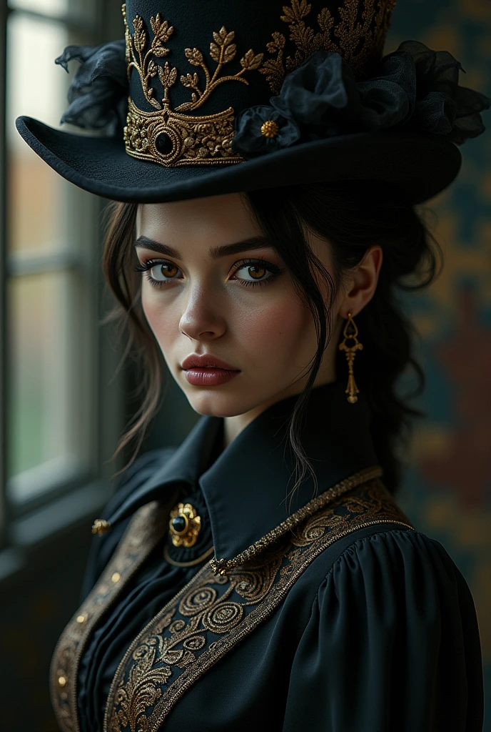 A sexy lady, detailed face,ornate victorian clothing, ornate hat, monocle, steampunk, dark fantasy, dramatic lighting, cinematic, chiaroscuro,  (best quality,4k,8k,highres,masterpiece:1.2),ultra-detailed,(realistic,photorealistic,photo-realistic:1.37)