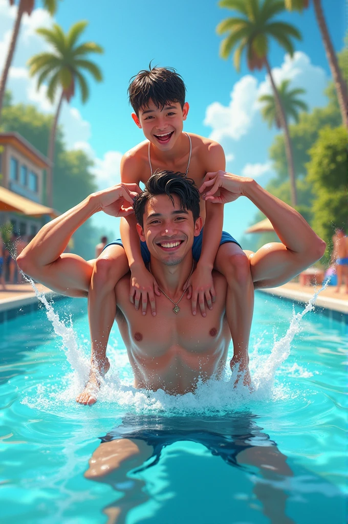 A friend on his friend's shoulders in a pool