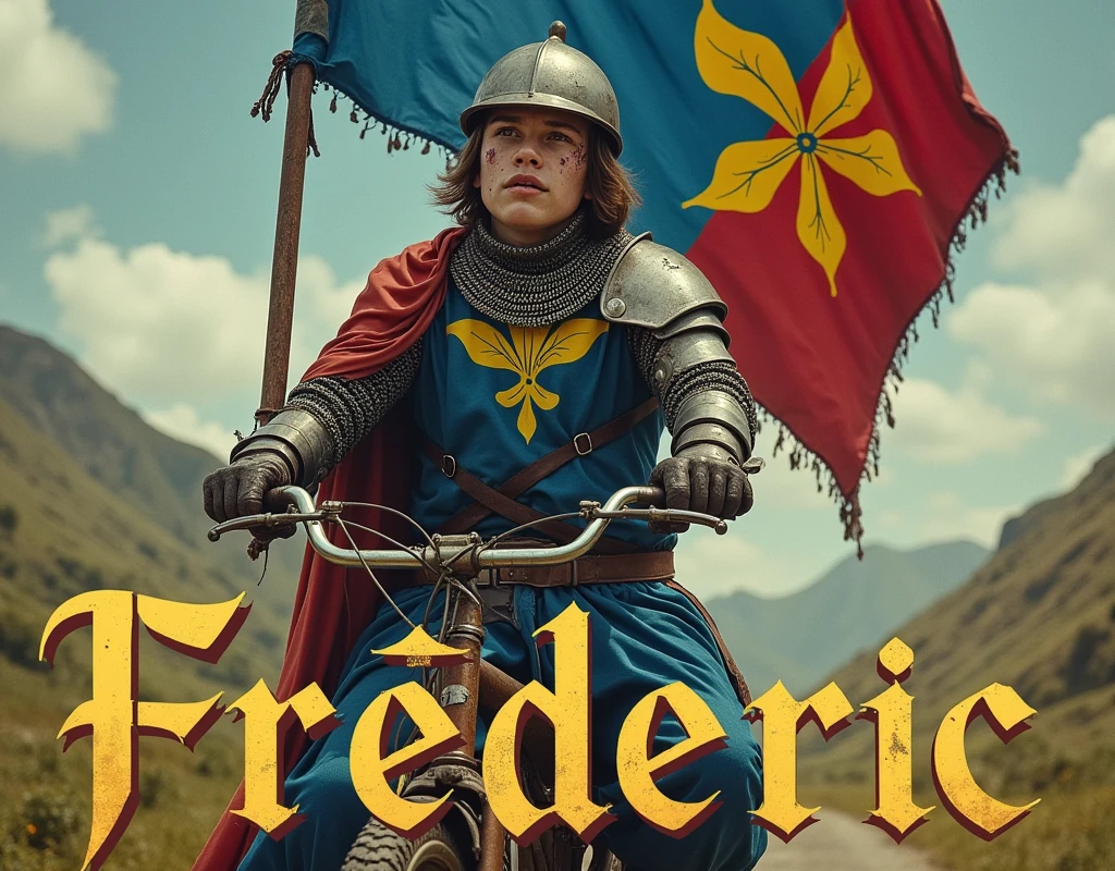 A movie poster depicting a young man riding a classic old bicycle, with a (large blue and red banner with coat of arms thin vertical yellow sword painted upwards between 2lily flowers), damaged by fighting. wearing medieval battered chain mail, helmet, gloves, very battle-damaged, blue and red coat of arms. He has white pale skin and exhausted face and sweat. He's in valley with the words "Frédéric" written in large golden letters in the foreground.